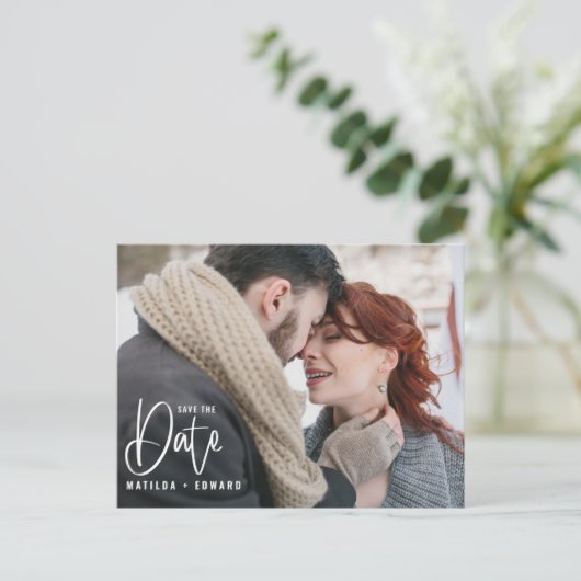 Moderne handgeschreven monochrome foto's bruiloft briefkaart (Staand voorkant)