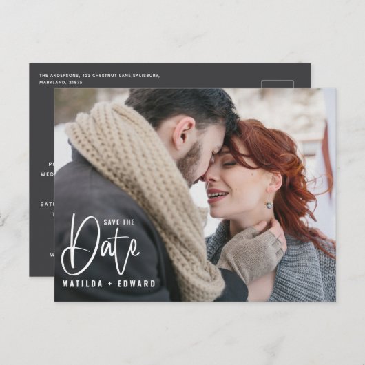 Moderne handgeschreven monochrome foto's bruiloft briefkaart (Voorkant / Achterkant)