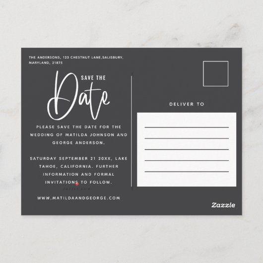 Moderne handgeschreven monochrome foto's bruiloft briefkaart (Achterkant)