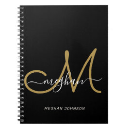Moderne handgeschreven monogram in zwarte goudkleu notitieboek