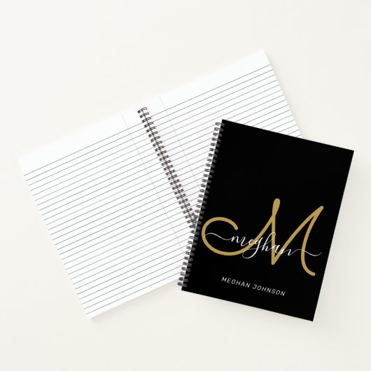 Moderne handgeschreven monogram in zwarte goudkleu notitieboek (Binnen)