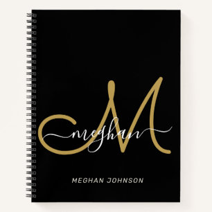 Moderne handgeschreven monogram in zwarte goudkleu notitieboek