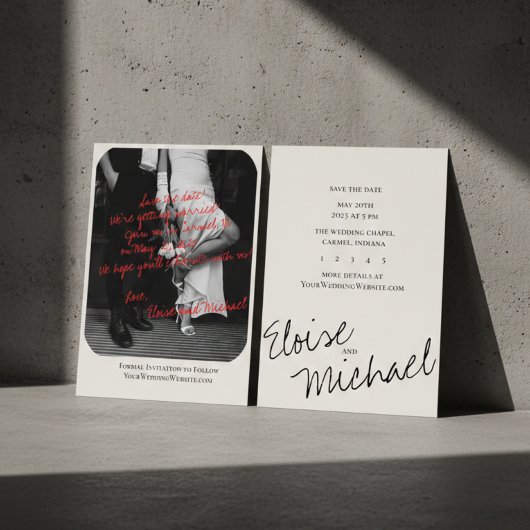 Moderne handgeschreven overlay foto save the date kaart