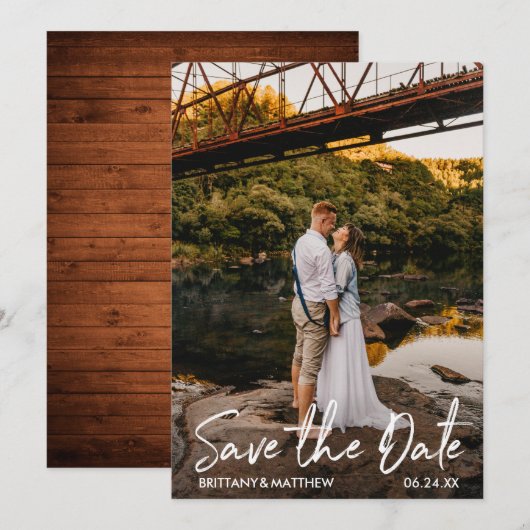 Moderne handgeschreven paar met een paar foto's save the date (Voorkant / Achterkant)