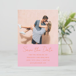 Moderne Handgeschreven Roze Oranje Trouwfoto Save The Date