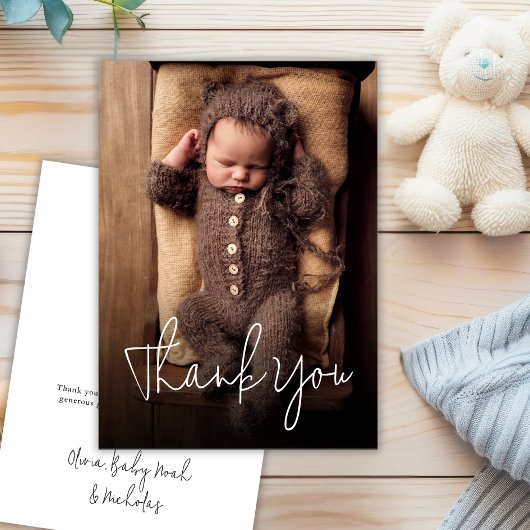 Moderne handgeschreven script baby shower foto  bedankkaart