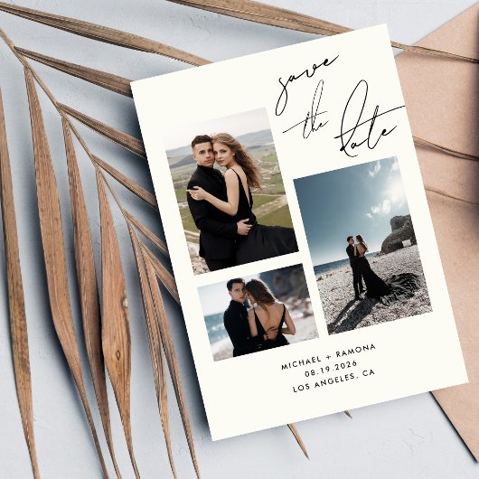 Moderne handgeschreven script drie foto trouwdag save the date