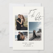 Moderne handgeschreven script drie foto trouwdag save the date (Voorkant)