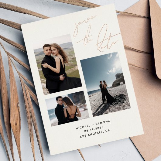 Moderne handgeschreven script drie foto's bewaar d folie uitnodiging