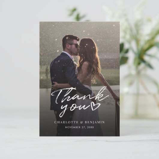 Moderne handgeschreven script foto trouwdag bedankkaart (Staand voorkant)
