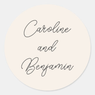 Moderne handgeschreven script huwelijksnaam ivoor ronde sticker