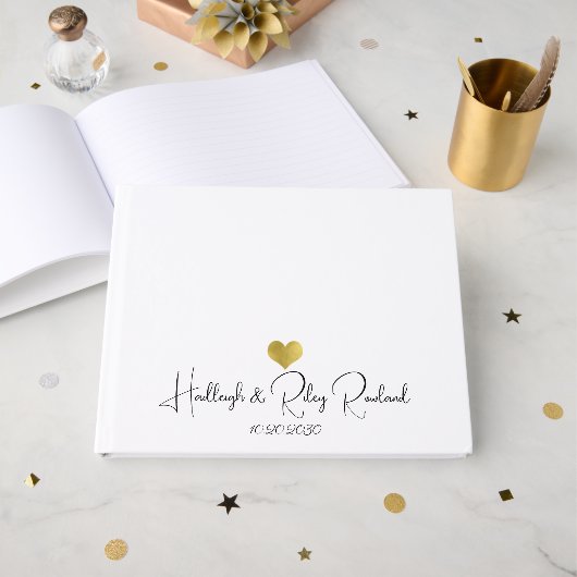 Moderne handgeschreven script naam gouden hart tro gastenboek (Voorkant open)