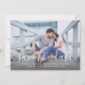 Moderne handgeschreven script trouwfoto blauw save the date (Voorkant)