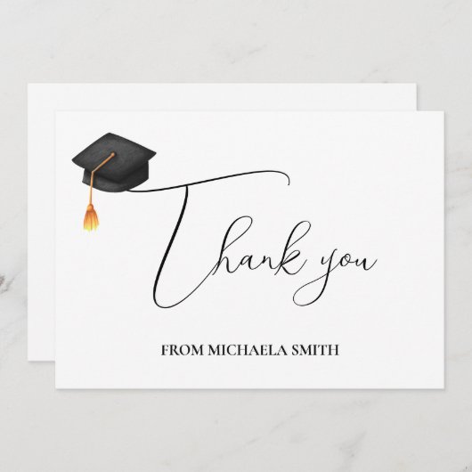 Moderne handgeschreven script zwarte afstudeerdop bedankkaart (Voorkant / Achterkant)