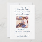 Moderne handgeschreven scriptie marineblauwe trouw save the date (Achterkant)