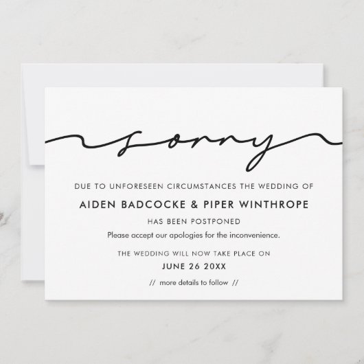 Moderne handgeschreven sorry trouwupdatekaart kaart (Voorkant)