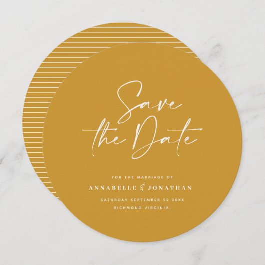 Moderne, handgeschreven, trouwe bruiloft mustard b save the date (Voorkant / Achterkant)