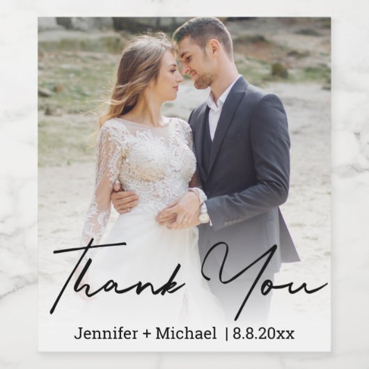 Moderne handgeschreven trouwfoto dank u wijn etiket (Enkel label)