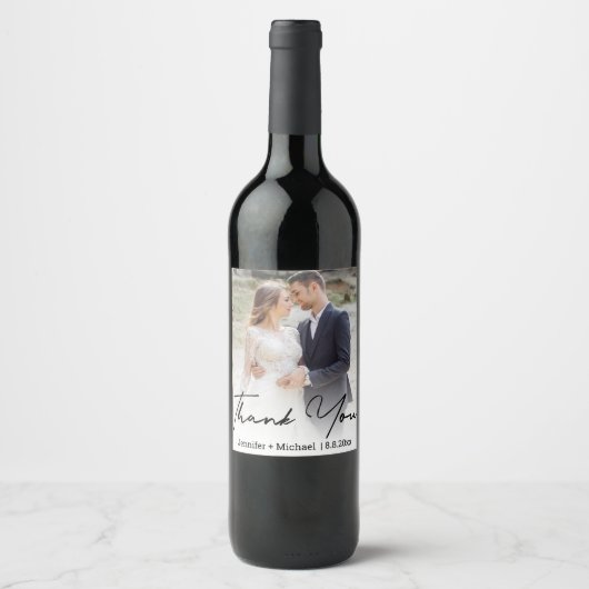 Moderne handgeschreven trouwfoto dank u wijn etiket (Voorkant)