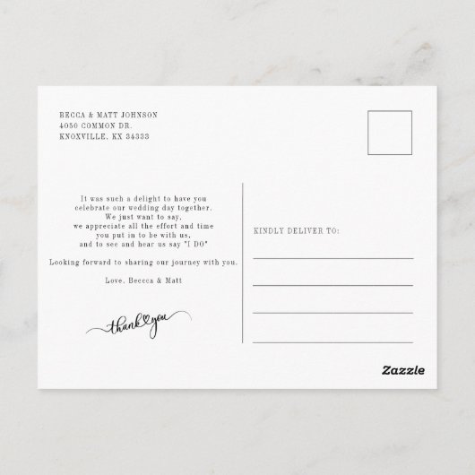 Moderne handgeschreven trouwfoto dankjewel briefkaart (Achterkant)