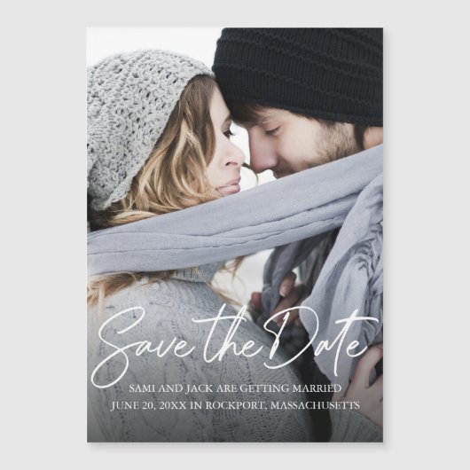 Moderne, handgeschreven witte kalligrafie foto sla magnetische uitnodiging (Voorkant)