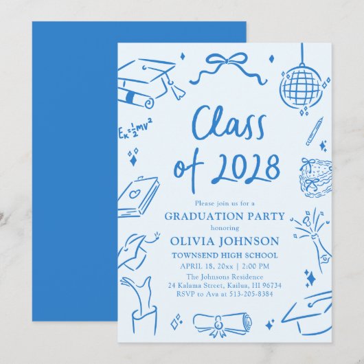 Moderne Handgetekende Afstudeerfeest Klas van 2028 Kaart (Voorkant / Achterkant)