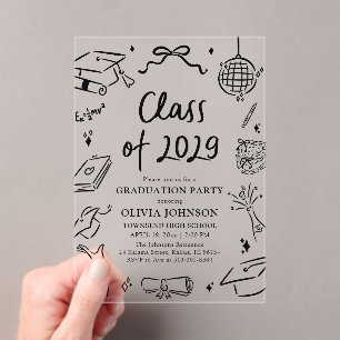Moderne Handgetekende Afstudeerfeest Klas van 2029 Acryl Uitnodigingen