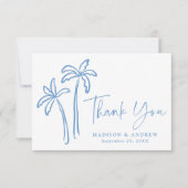 Moderne handgetekende blauwe palmbomen bruiloft bedankkaart (Voorkant)
