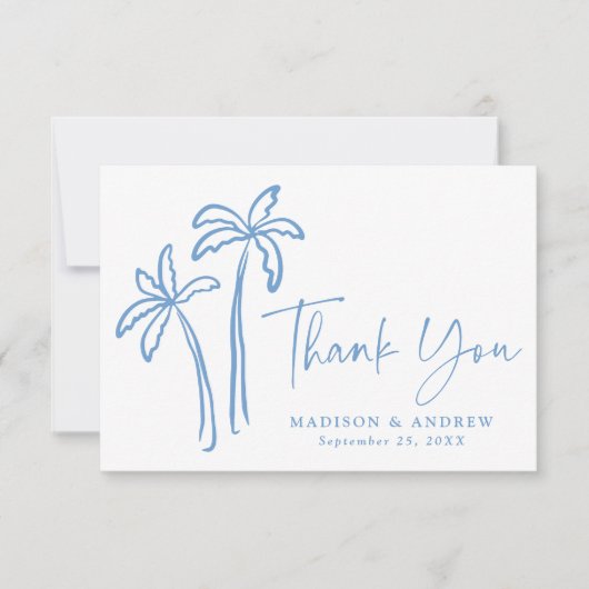 Moderne handgetekende blauwe palmbomen bruiloft bedankkaart (Voorkant)