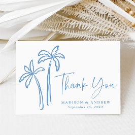Moderne handgetekende blauwe palmbomen bruiloft bedankkaart