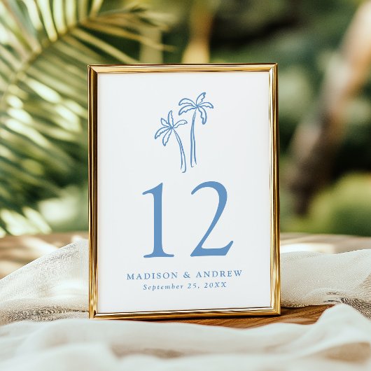 Moderne handgetekende blauwe palmbomen bruiloft kaart