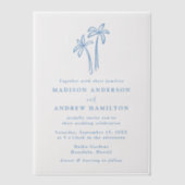 Moderne handgetekende blauwe palmbomen bruiloft vellum uitnodigingen (Voorkant)