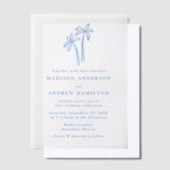 Moderne handgetekende blauwe palmbomen bruiloft vellum uitnodigingen (Offset)