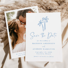 Moderne handgetekende blauwe palmbomen Fotobruilof Save The Date