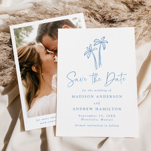 Moderne handgetekende blauwe palmbomen Fotobruilof Save The Date