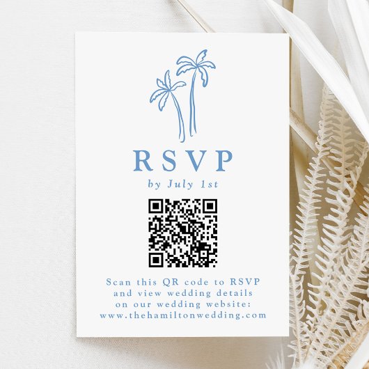 Moderne handgetekende blauwe palmbomen QR-code bru RSVP Kaartje