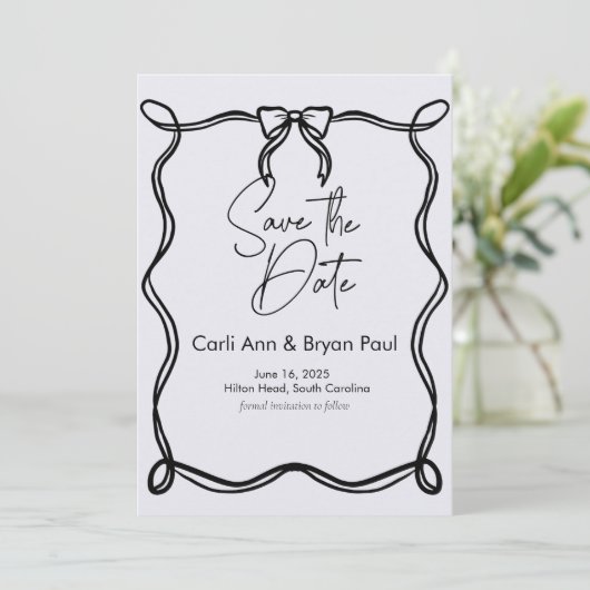 Moderne handgetekende Bow Wavy Save-the-Date Kaart (Staand voorkant)