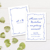 Moderne Handgetekende Felblauwe Monogram Huwelijk Save The Date