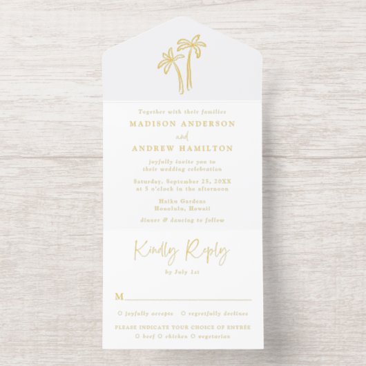 Moderne handgetekende gouden folie palmboom bruilo all in one uitnodiging (Binnenkant)