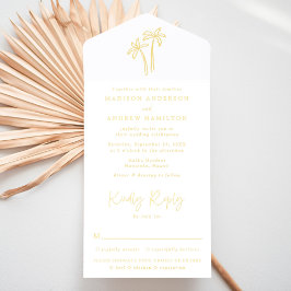 Moderne handgetekende gouden folie palmboom bruilo all in one uitnodiging