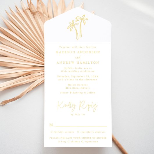 Moderne handgetekende gouden folie palmboom bruilo all in one uitnodiging
