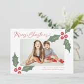 Moderne handgetekende Holly Berries Foto Lijst Feestdagenkaart (Staand voorkant)