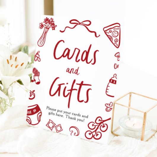 Moderne handgetekende Italiaanse pizza Kaarten en Reclamebord Met Voetstuk