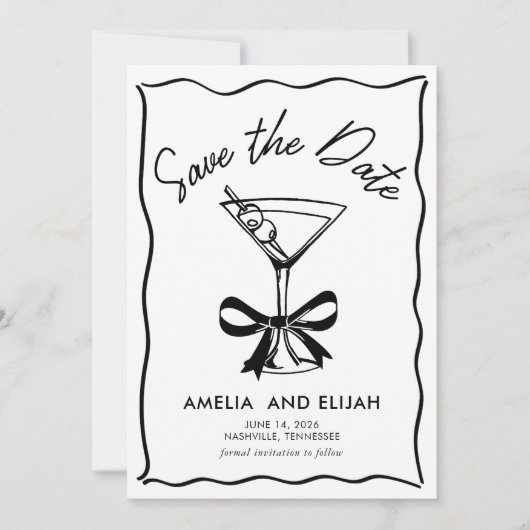 Moderne handgetekende Martini Save the Date (Voorkant)