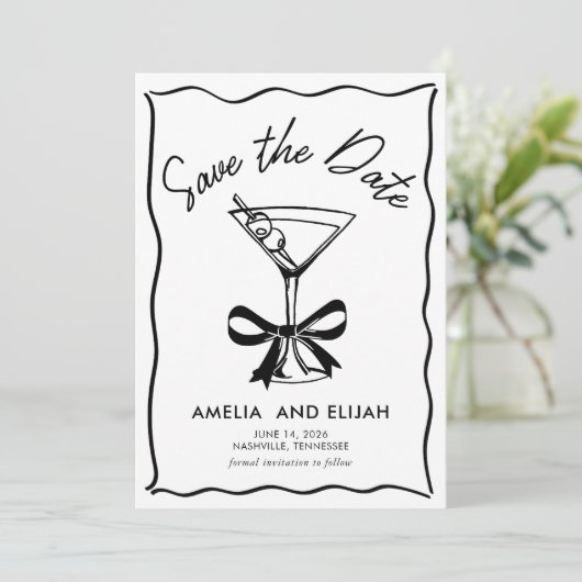 Moderne handgetekende Martini Save the Date (Staand voorkant)