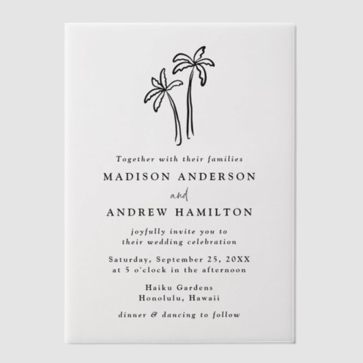 Moderne handgetekende palmbomen bruiloft vellum uitnodigingen (Voorkant)