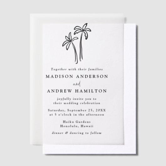 Moderne handgetekende palmbomen bruiloft vellum uitnodigingen (Offset)