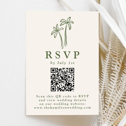 Moderne handgetekende palmbomen Cream QR Code Wedd RSVP Kaartje