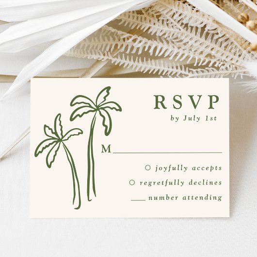 Moderne handgetekende palmbomen crème bruiloft RSVP kaartje