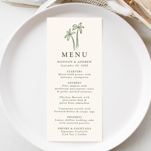 Moderne Handgetekende Palmbomen Crème Trouwen Menu